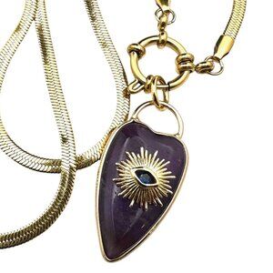 Amethyst Gemstone Heart Evil Eye Pendant Necklace 18K Gold Plated Chain 19 Inch